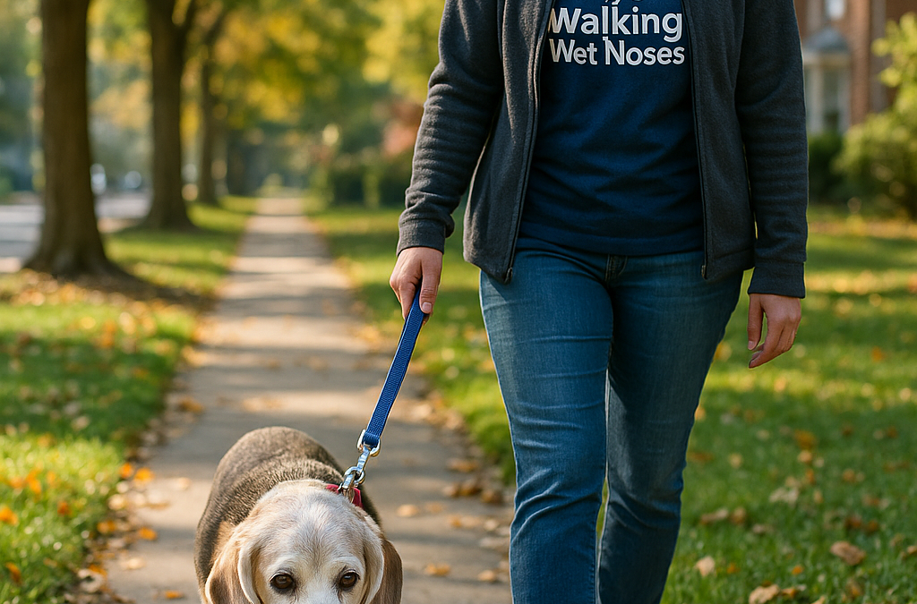 Senior Beagle walking slowly with a professional dog walker from Walking Wet Noses Dog Walking & Pet Sitting in a leafy Fairfax VA neighborhood