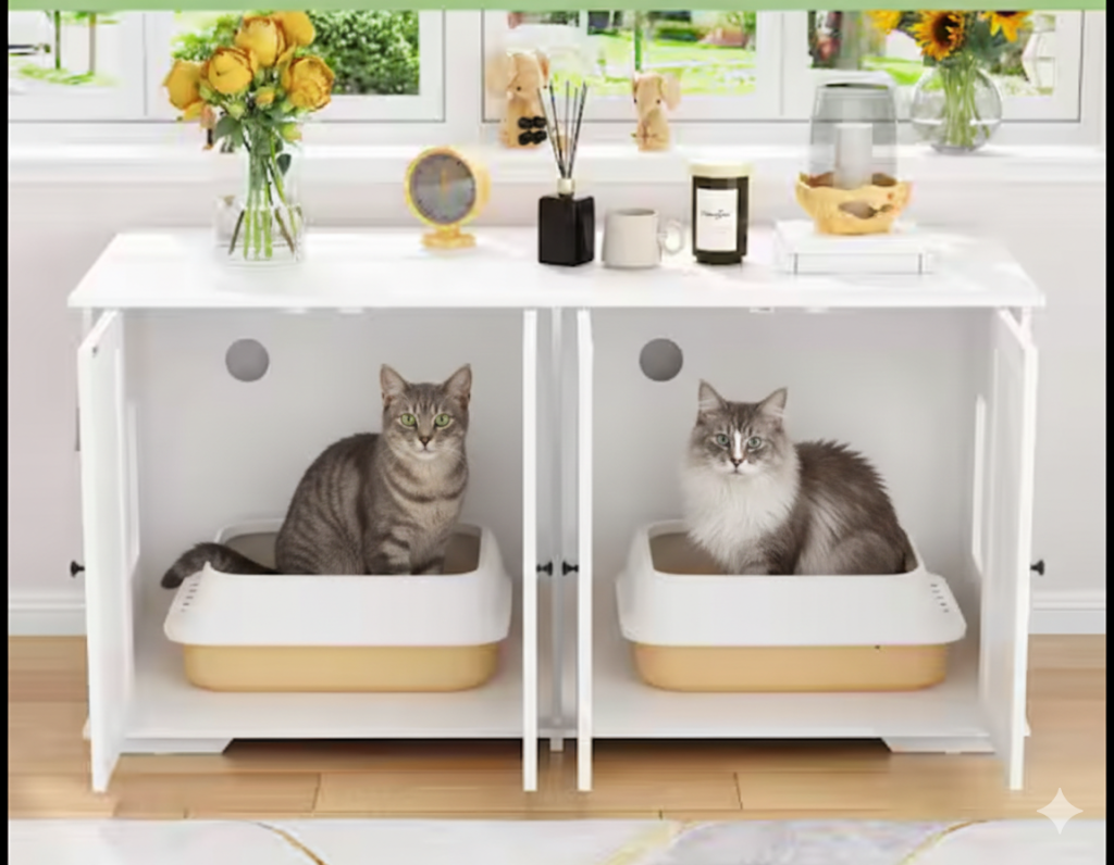 Two cats sitting in separate litter boxes inside a stylish cat litter cabinet — multi-cat litter box setup tips from Walking Wet Noses in Fairfax VA    