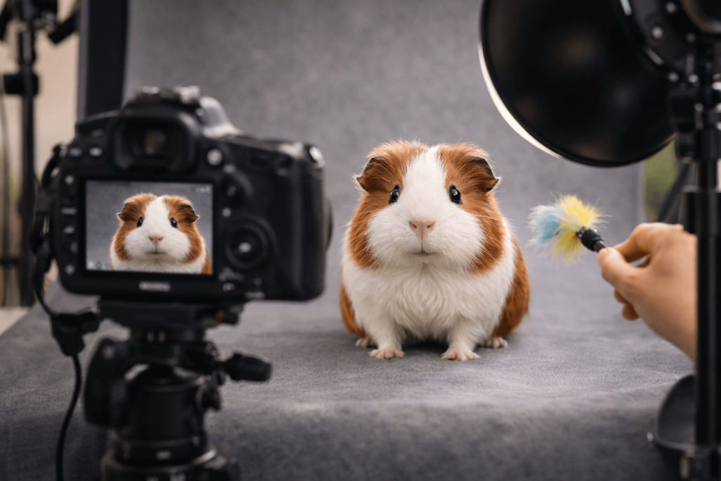 Brown and white guinea pig posing for a photo shoot with professional camera and studio lighting