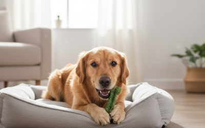 Golden Retriever laying on a dog bed chewing a green dental treat for Pet Dental Health Month in Northern Virginia