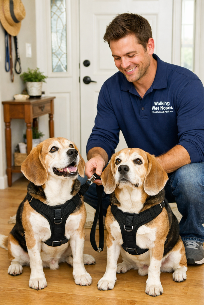 Senior dog midday walk routine with professional dog walker in Fairfax VA