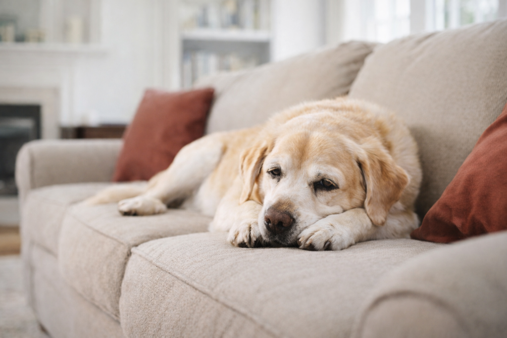 Senior dog resting quietly at home during the workday, showing signs of fatigue from long hours without a break