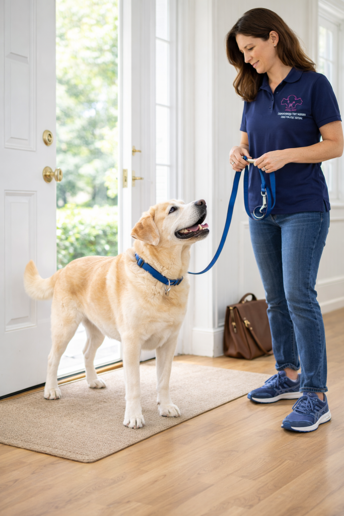 Senior dog waiting calmly inside the home while a dog walker prepares to leash him for a weekday walk