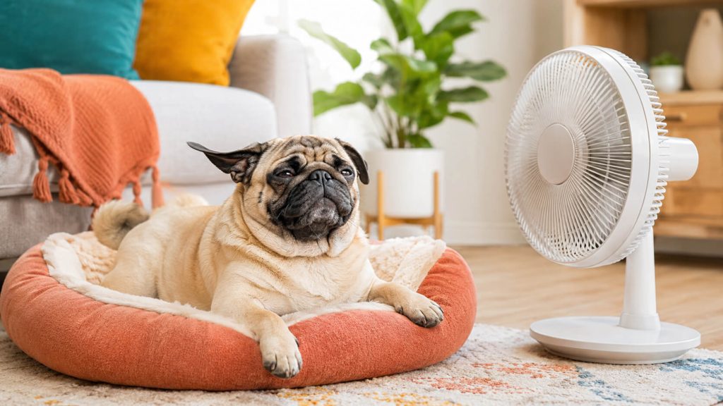 Fawn pug relaxing on a dog bed in front of a fan indoors, showing safe summer cooling for flat-faced dogs
