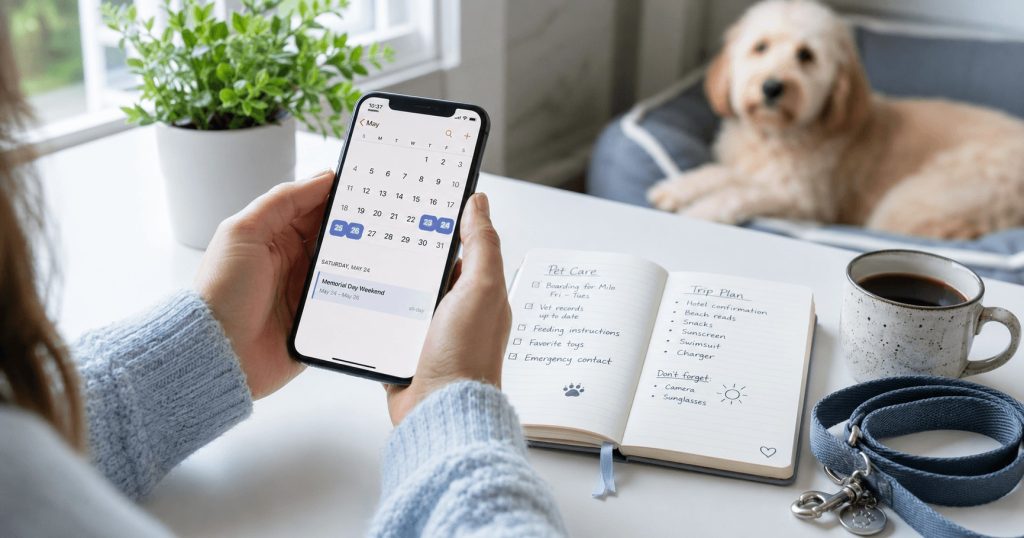 Calendar showing Memorial Day pet sitting booking timeline with notebook and relaxed dog