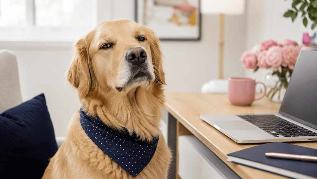 Golden retriever sitting patiently next to a home office desk making eye contact, illustrating why midday dog walks matter for work-from-home owners