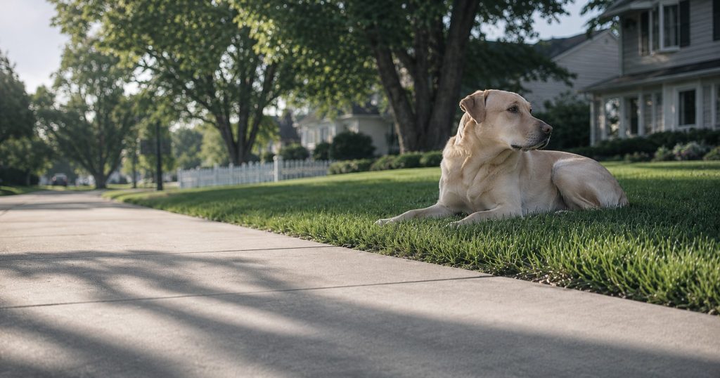 Yellow Labrador rests on shaded green grass beside a sun-baked residential sidewalk, illustrating hot pavement risk for dogs