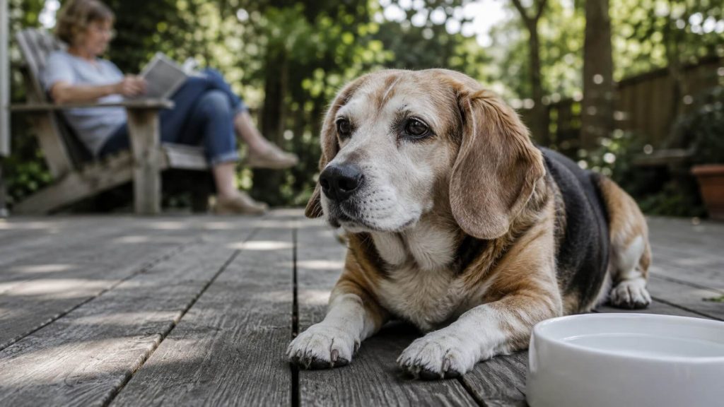 Senior beagle resting on a shaded deck while her owner reads nearby, illustrating safe senior dog summer heat management